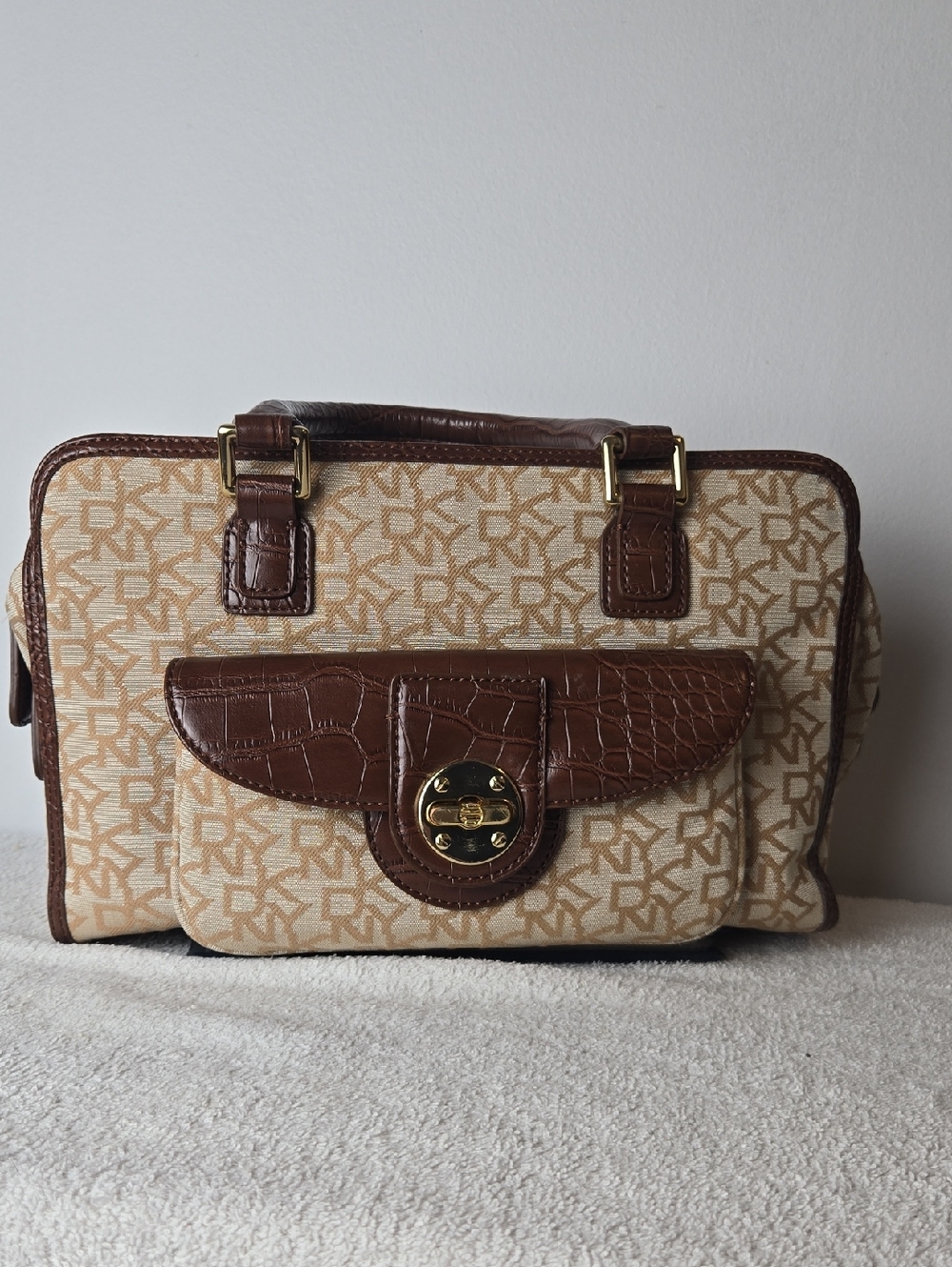 DKNY Signature Monogram Satchel with Faux Croc Trim